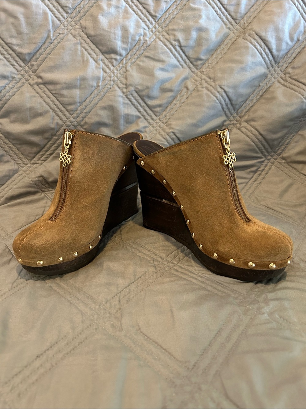Diane Von Furstenberg Brown Suede Studded Wedge Clogs with Gold Accents size6.5